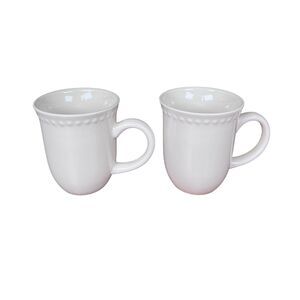 Coffee Mugs Set of 2 Unique Beaded Rim White Stoneware Cups 12 oz Casual Dining